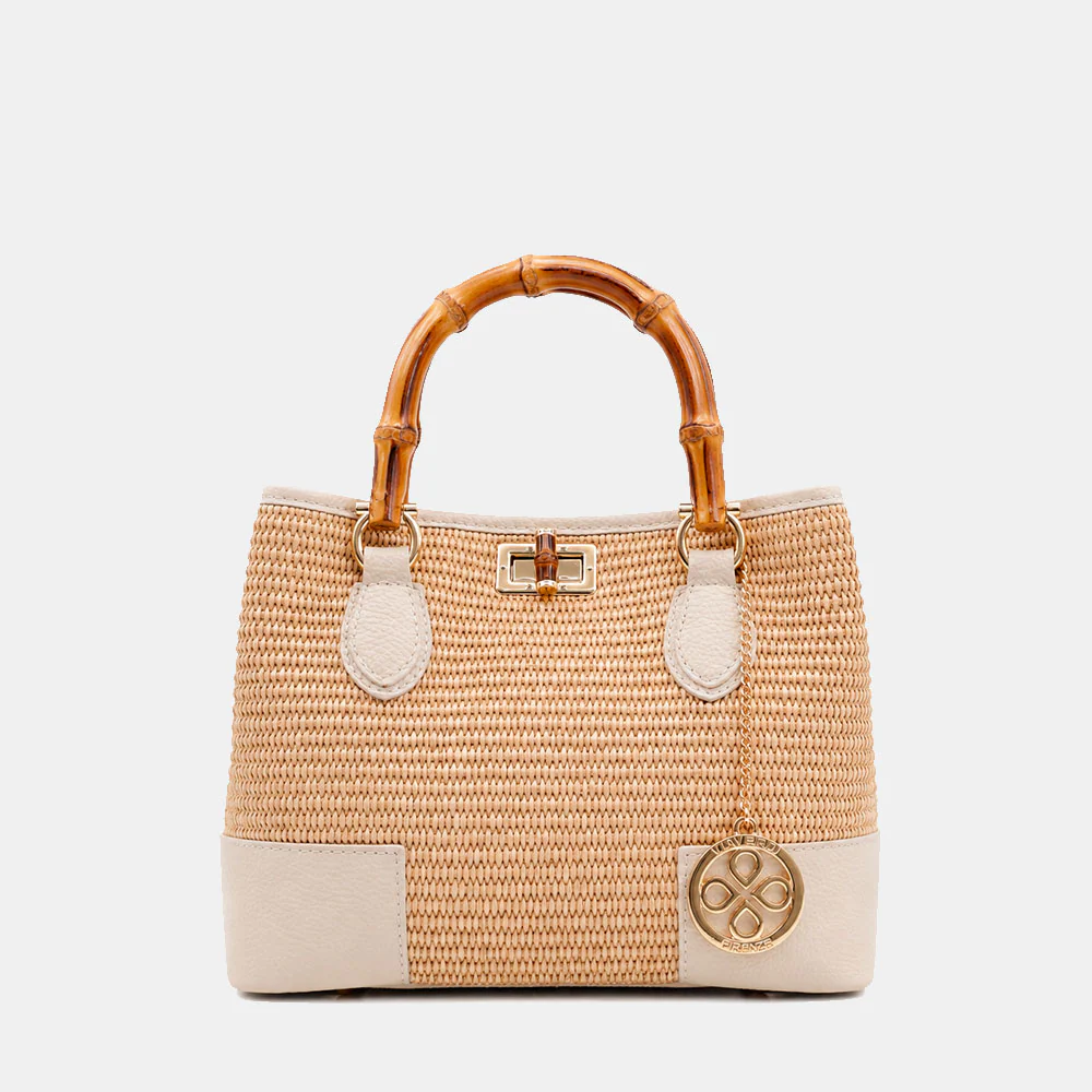 Borsa Piccola a Mano VIAVERDI in Rafia e Pelle Beige Made in Italy linea Volterra