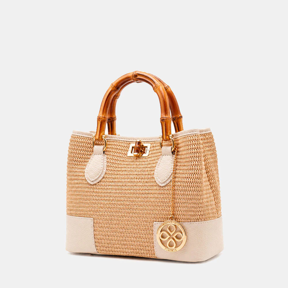 Borsa Piccola a Mano VIAVERDI in Rafia e Pelle Beige Made in Italy linea Volterra - Image 3