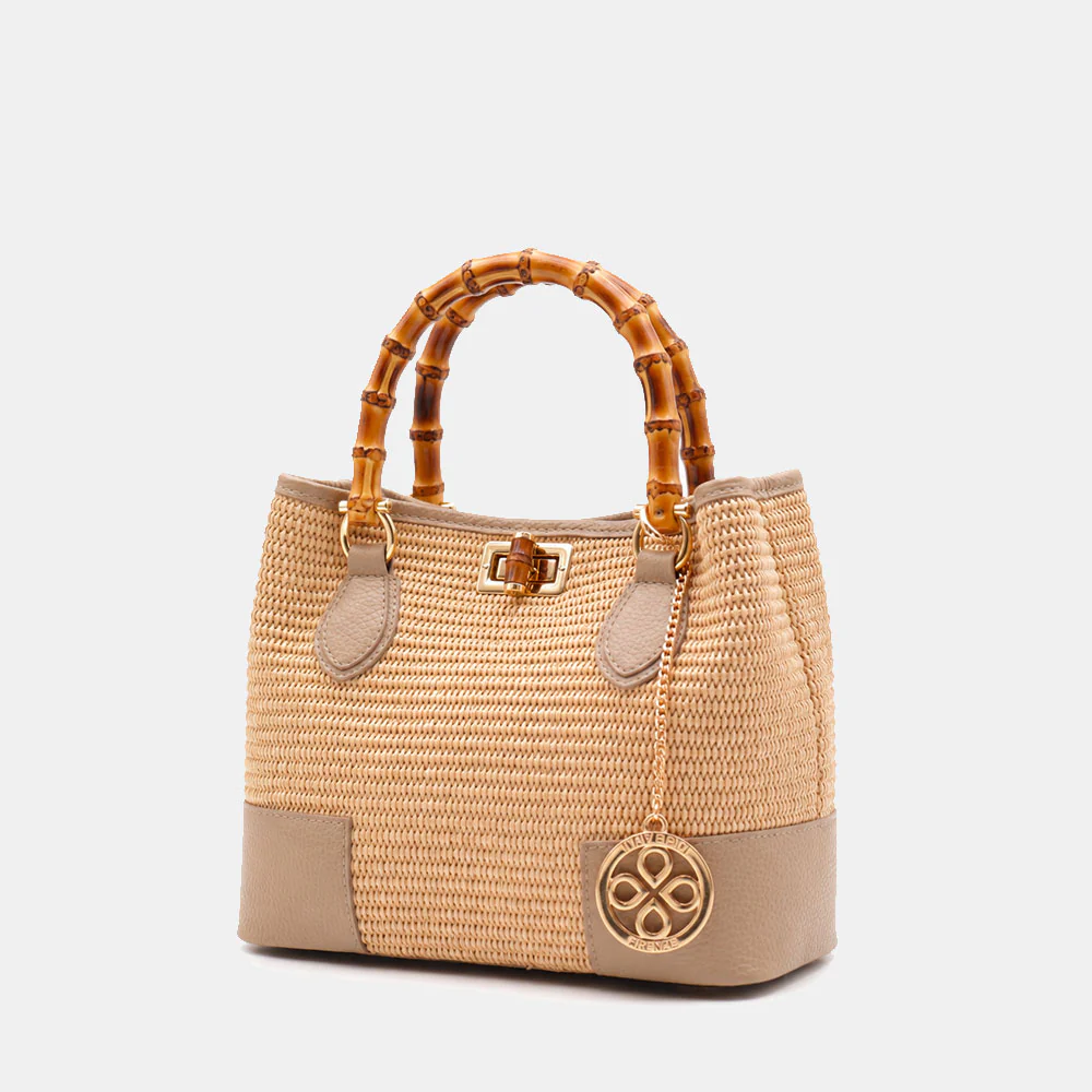Borsa Piccola a Mano VIAVERDI in Rafia e Pelle Taupe Made in Italy linea Volterra - Image 3