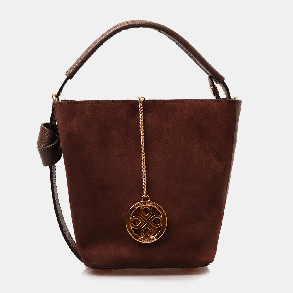 Borsa Secchiello con Pochette VIAVERDI in Camoscio e Pelle Marrone Scuro Made in Italy linea Pienza