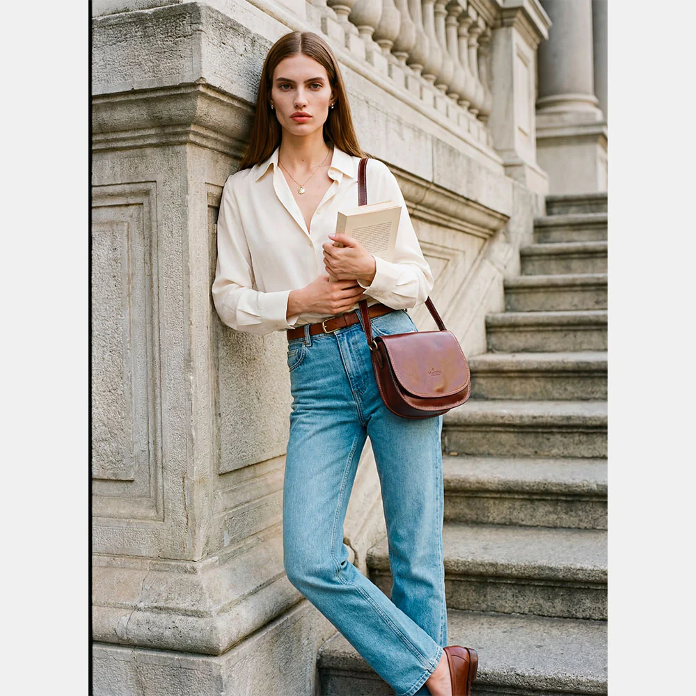 Borsa Tracolla VIAVERDI in Pelle Marrone Made in Italy linea Firenze - Image 2
